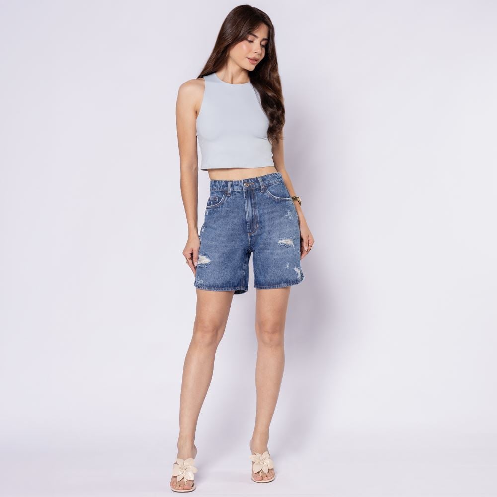 Bermuda Jeans Feminina Com Puídos Boby Blues Azul Medio