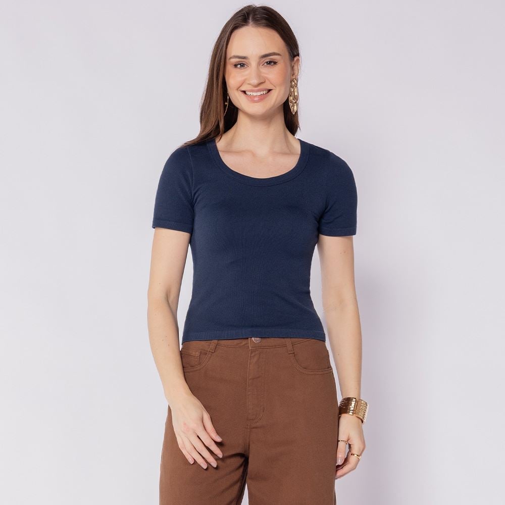 Blusa Feminina Canelada Sem Costura Patricia Foster Azul Marinho