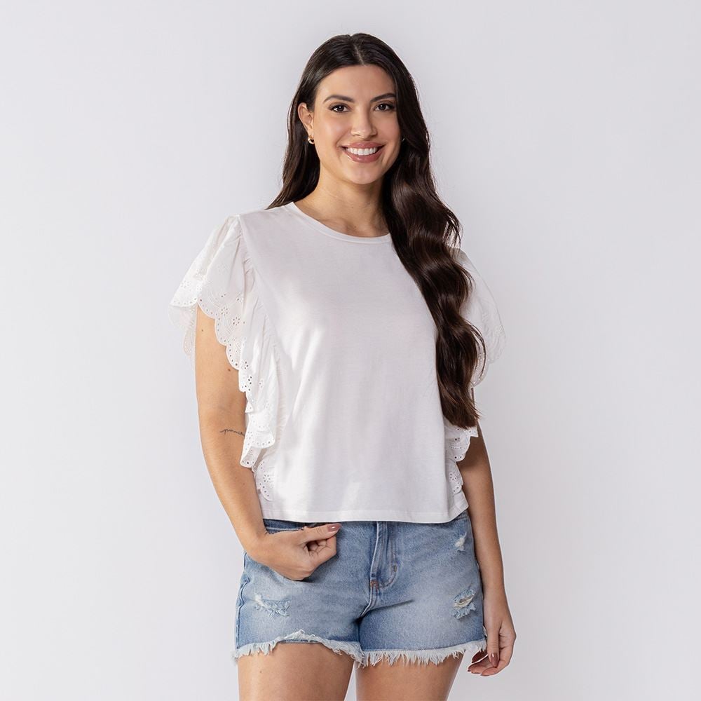 Blusa Feminina Com Babado Em Laise Boby Blues Off White