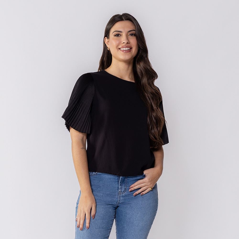 Blusa Feminina Com Manga Plissada Patricia Foster Preto