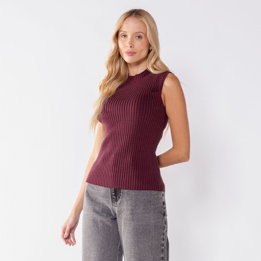 Blusa Feminina De Tricô Canelado Patricia Foster Bordo