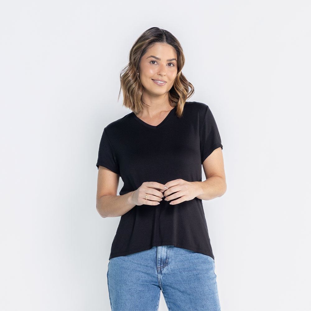 Blusa Feminina De Viscose Com Decote Em V Patricia Foster Preto