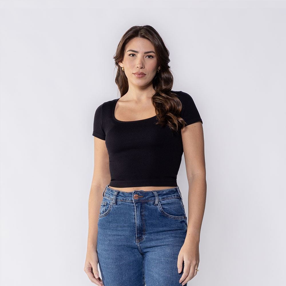 Blusa Feminina Manga Curta Canelada Boby Blues Preto