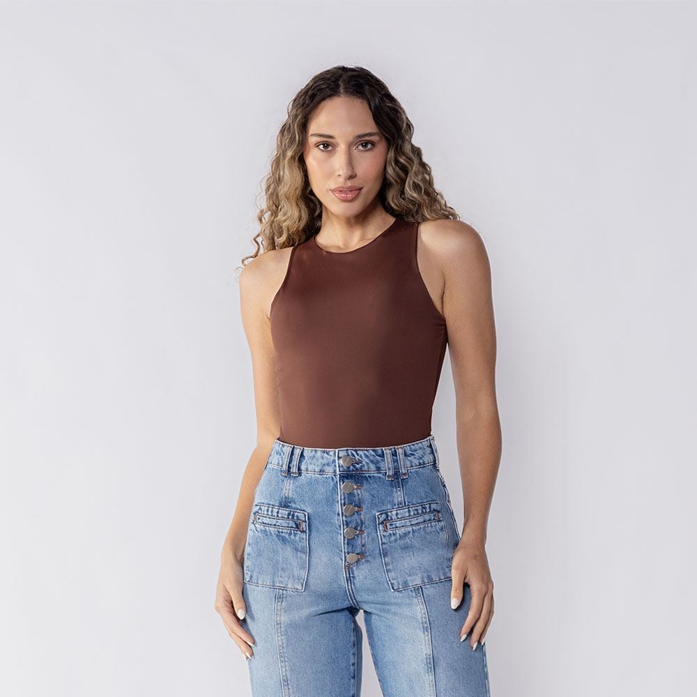 Body Feminino Básico De Microfibra Patricia Foster Marrom