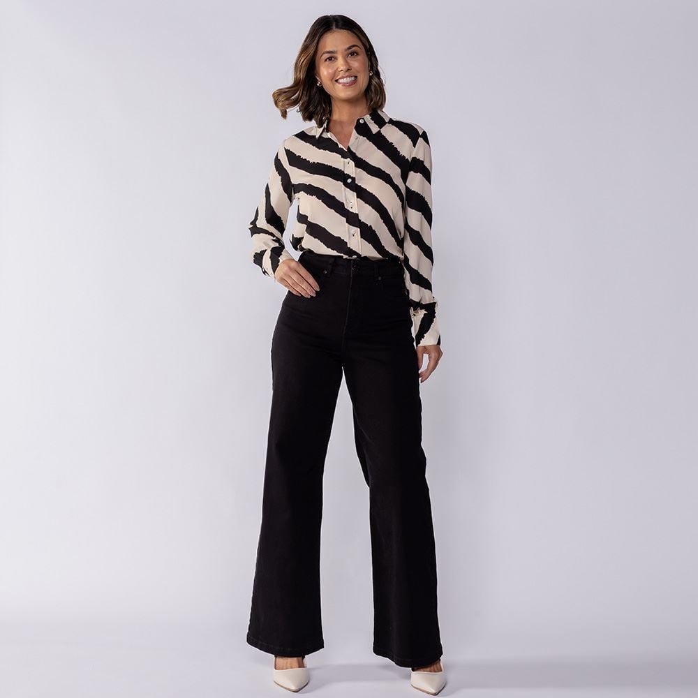 Calça Feminina Wide Leg Collor Sarja Boby Blues Preto