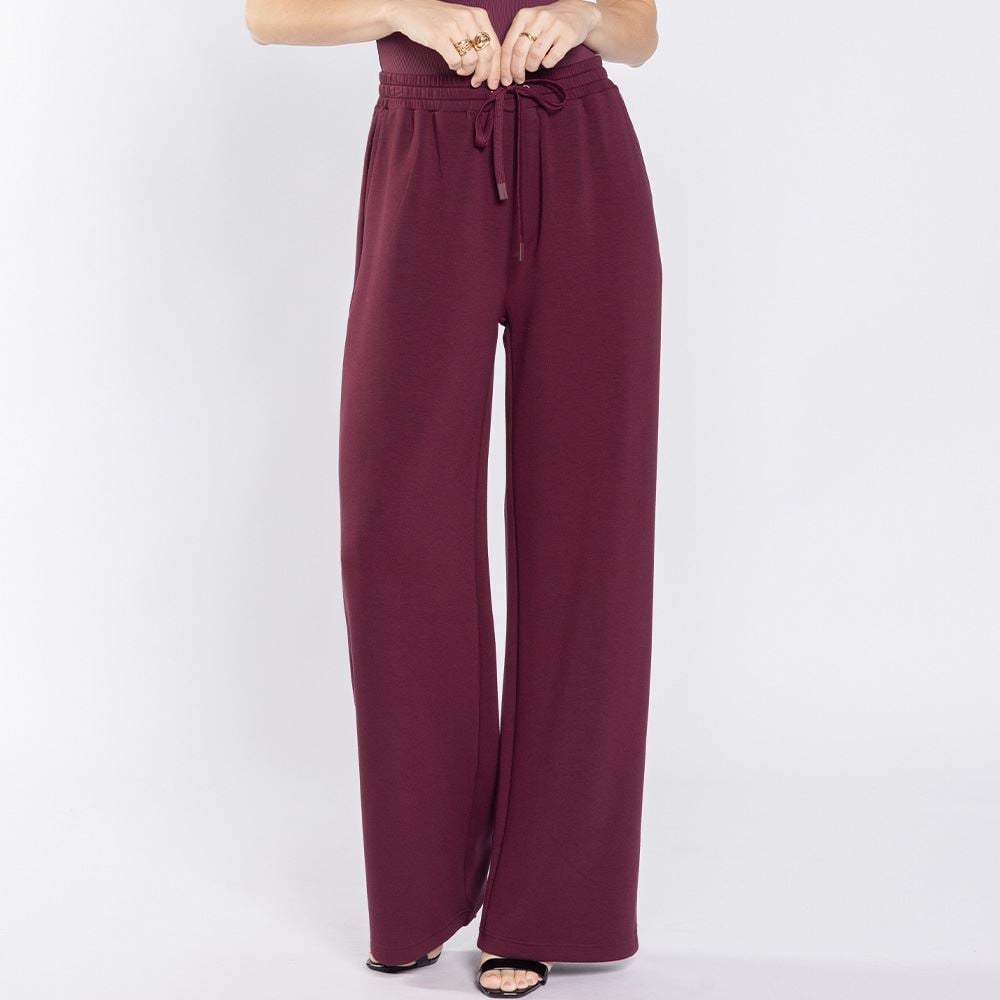 Calça Feminina Wide Leg Em Moletom Patricia Foster Bordo