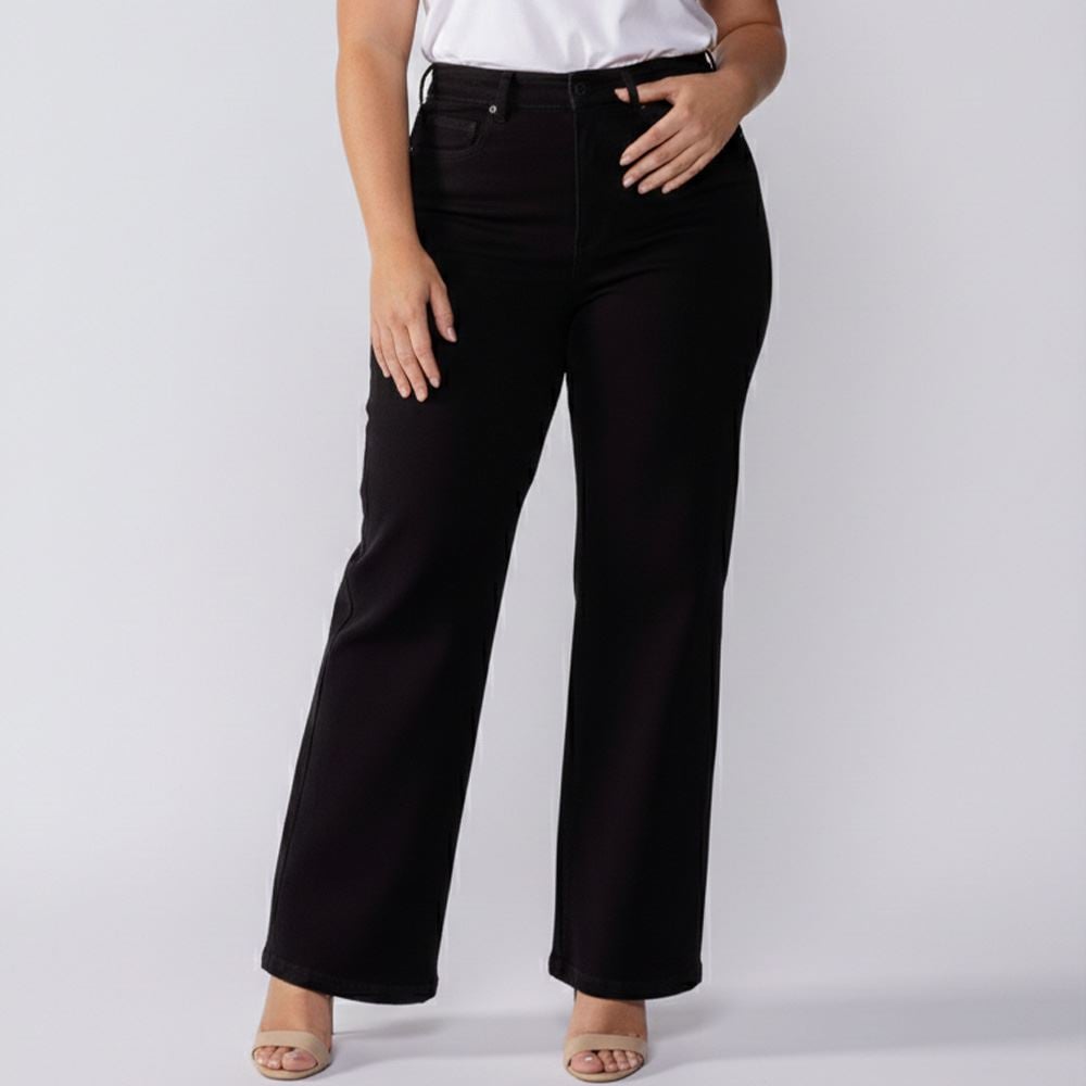 Calça Feminina Wide Leg Plus Size Em Sarja Patricia Foster Mais Preto