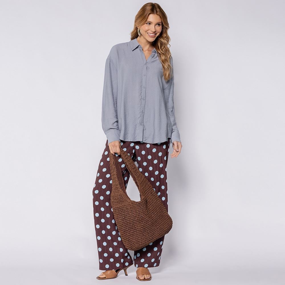 Calça Pantalona Estilo Pijama Boby Blues Poa Marrom/Azul