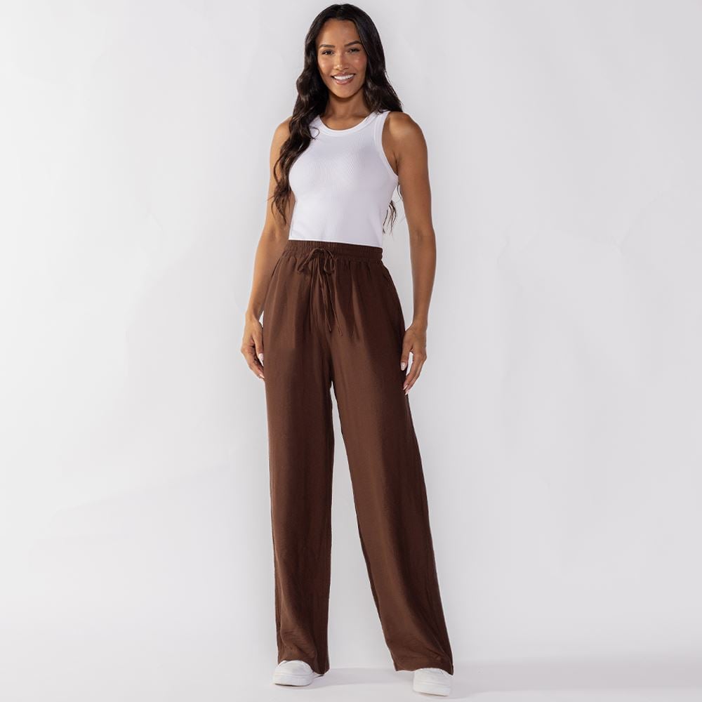 Calça Pantalona Estilo Pijama Patricia Foster Marrom