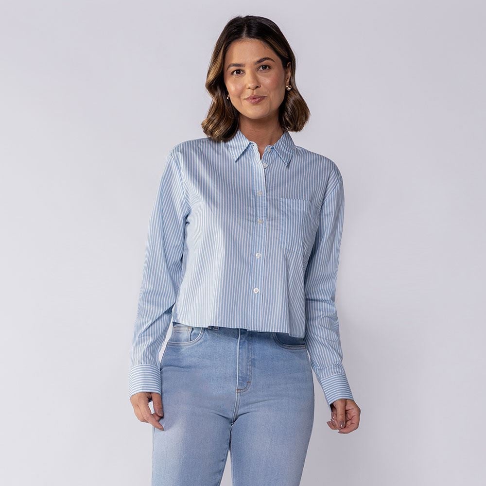 Camisa Cropped Manga Longa Com Bolso Boby Blues Azul / Off White