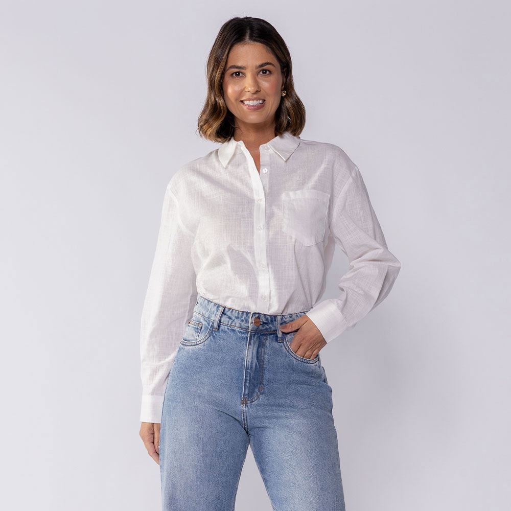 Camisa Feminina Alongada De Tricoline Boby Blues Off White