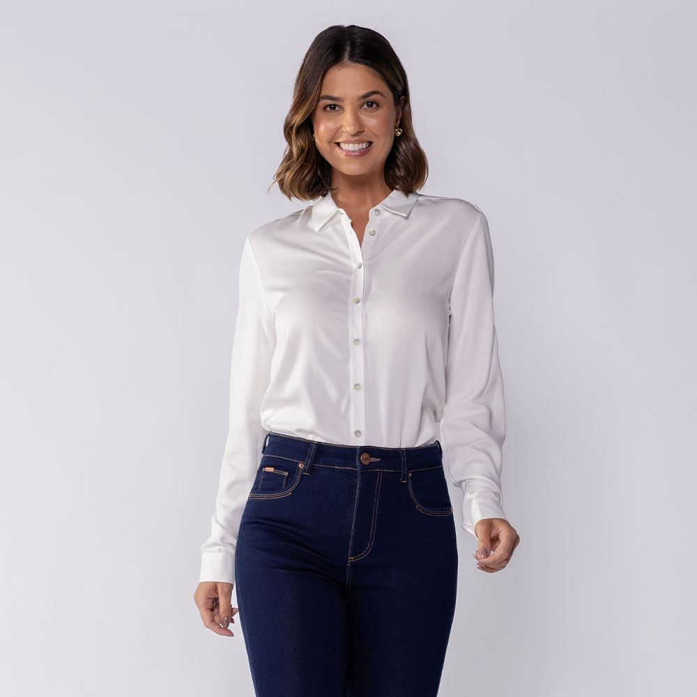 Camisa Feminina Manga Longa De Viscose Patricia Foster Off White