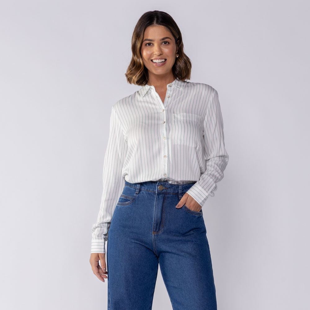 Camisa Feminina Manga Longa De Viscose Patricia Foster Off White/ Menta