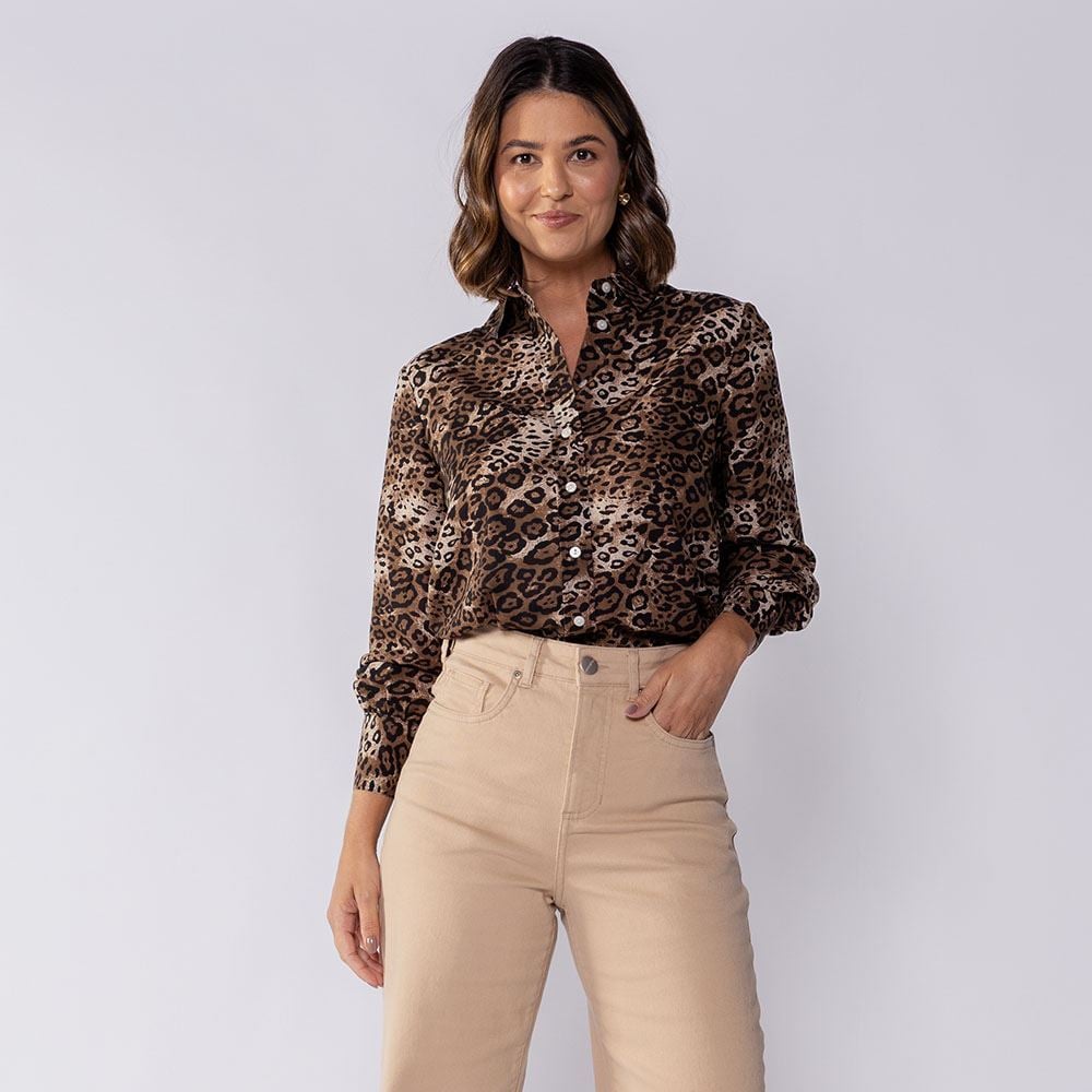 Camisa Feminina Manga Longa Em Crepe Patricia Foster Onca Marrom