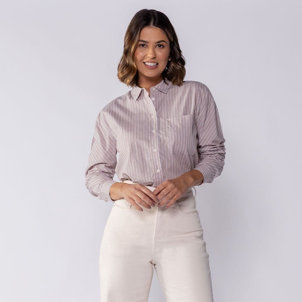 Camisa Feminina Manga Longa Listrada Boby Blues Fendi Escuro/Off White