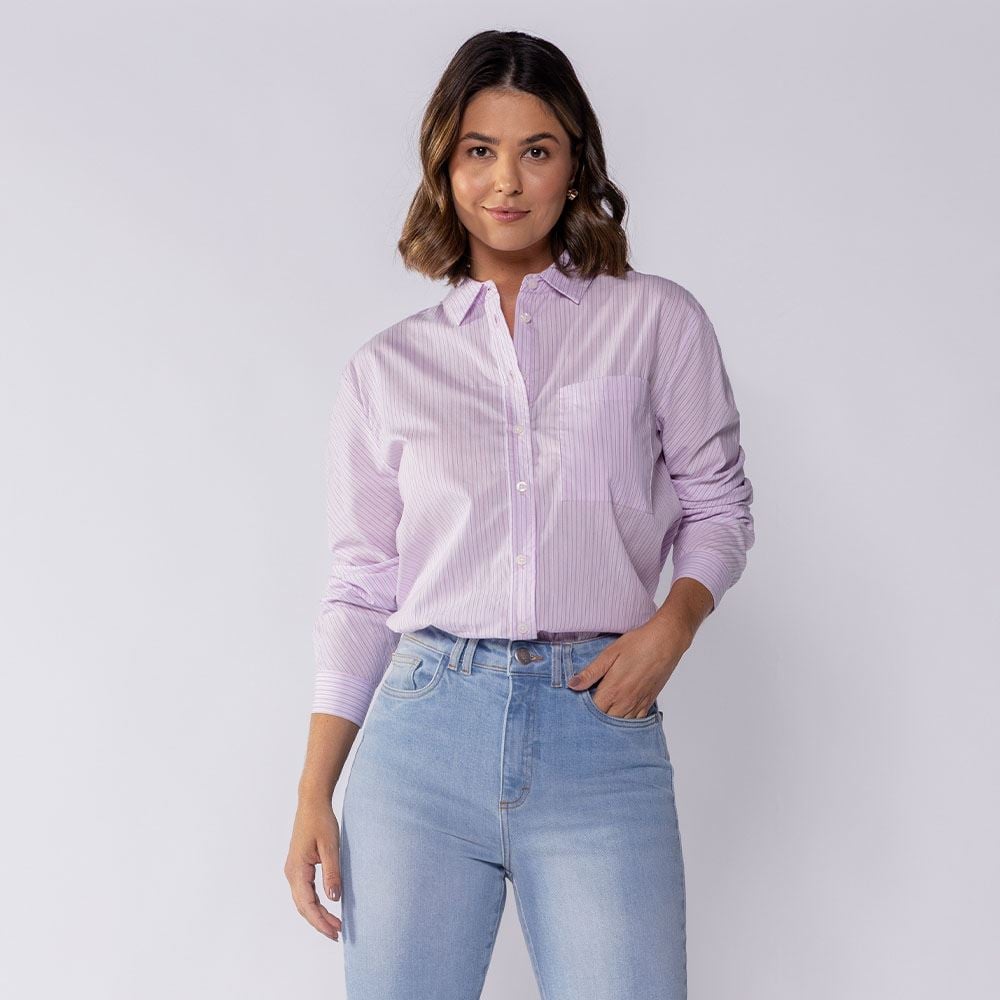 Camisa Feminina Manga Longa Listrada Boby Blues Rosa / Off White
