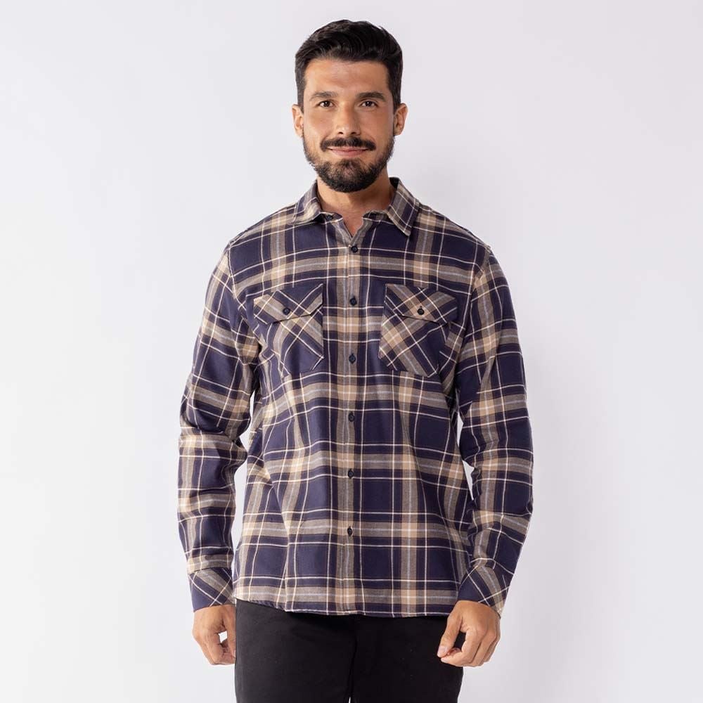 Camisa Masculina Xadrez Em Algodão Marc Alain Azul Marinho