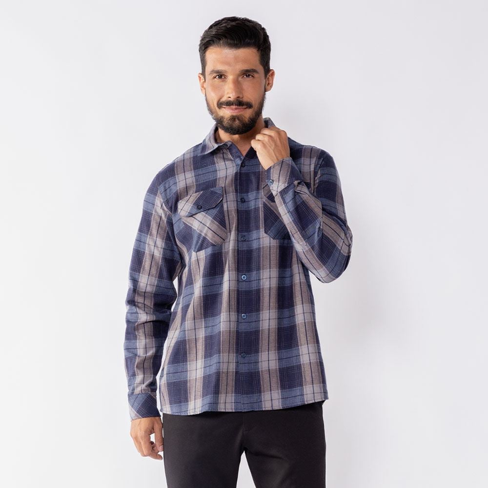 Camisa Masculina Xadrez Em Algodão Marc Alain Azul