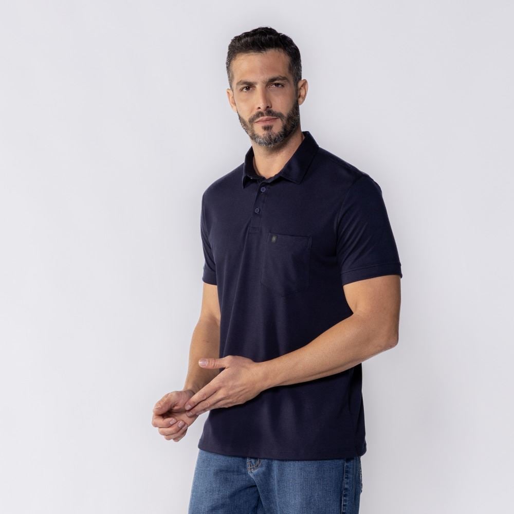 Camisa Polo Masculina De Piquet Com Bolso Marc Alain Azul Marinho