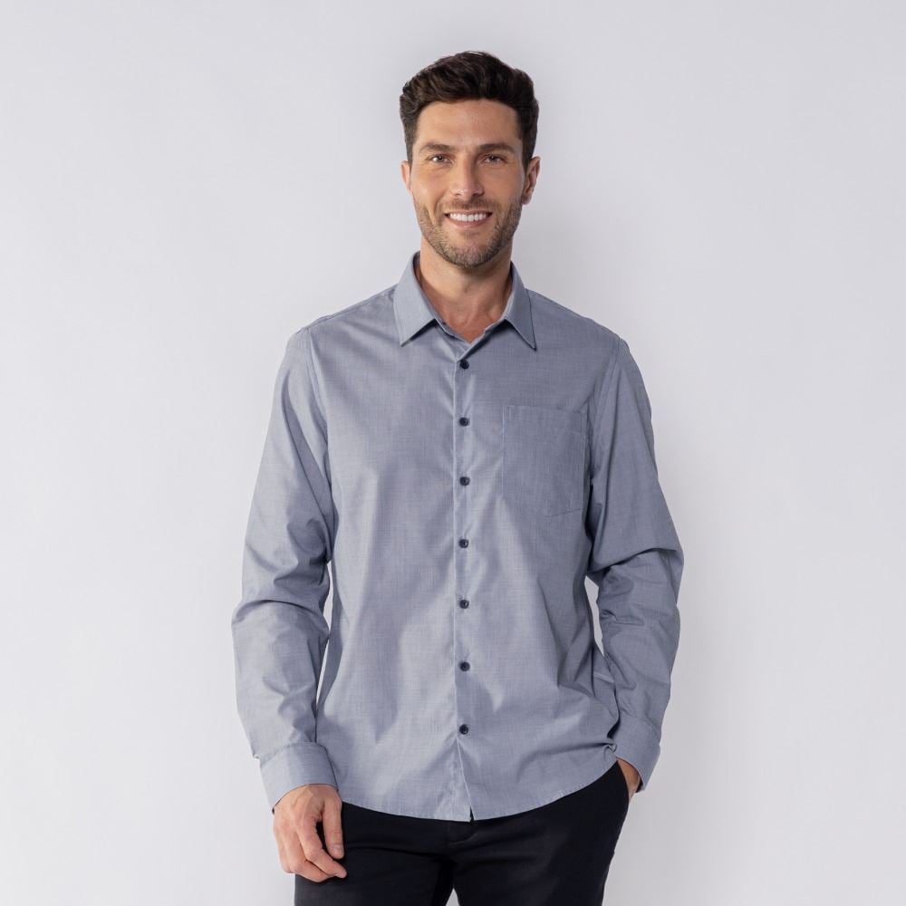 Camisa Social Masculina Com Bolso Marc Alain Fila Fio Preto