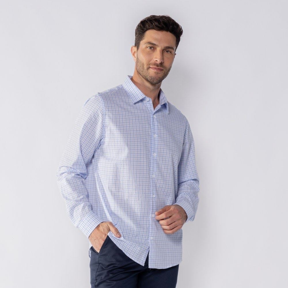 Camisa Social Masculina De Tricoline Marc Alain Xadrez Azul