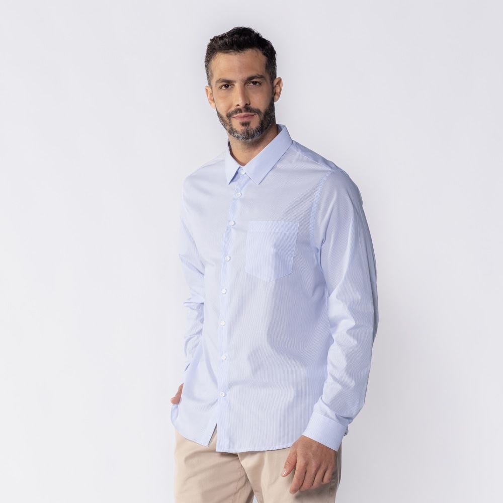 Camisa Social Masculina Listrada Marc Alain Listrado Azul
