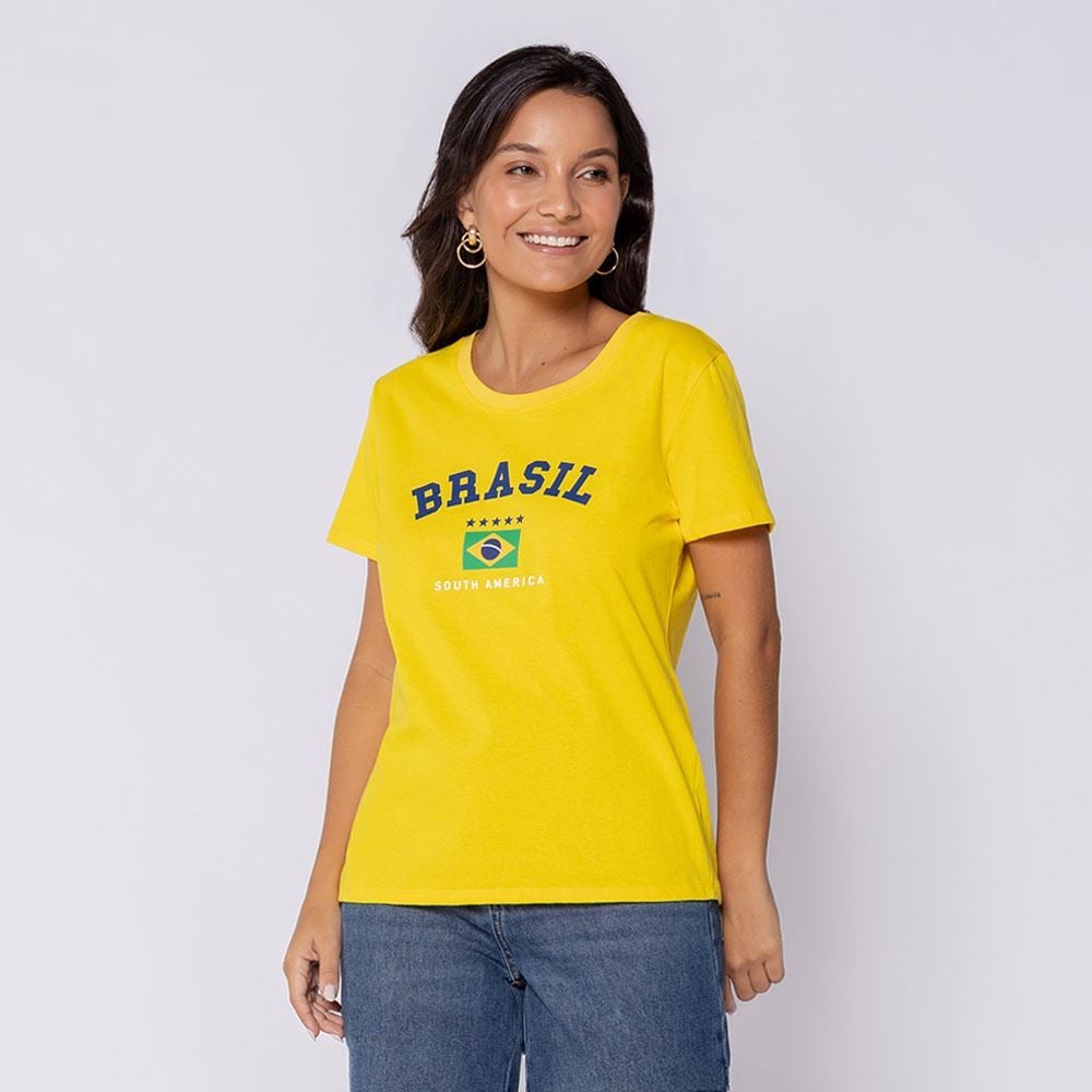 Camiseta Feminina Brasil Logo Boby Blues Amarelo