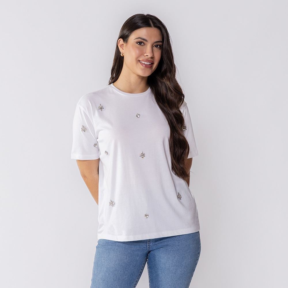 Camiseta Feminina Com Pedraria Boby Blues Off White