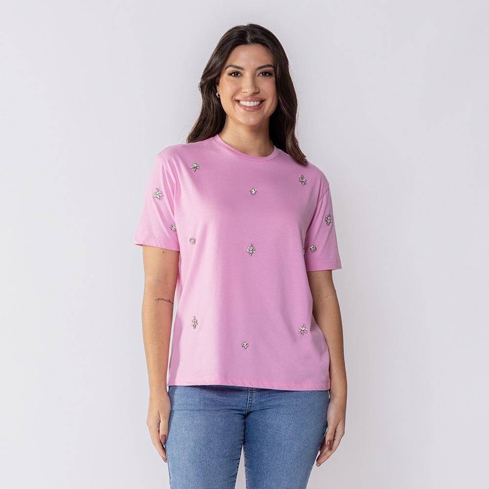 Camiseta Feminina Com Pedraria Boby Blues Rosa Chichete