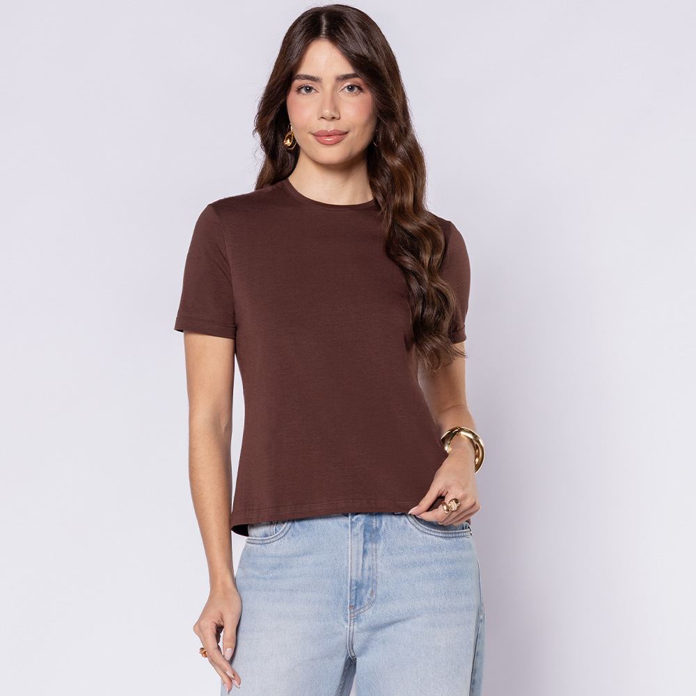 Camiseta Feminina Em Malha Pima Patricia Foster Marrom