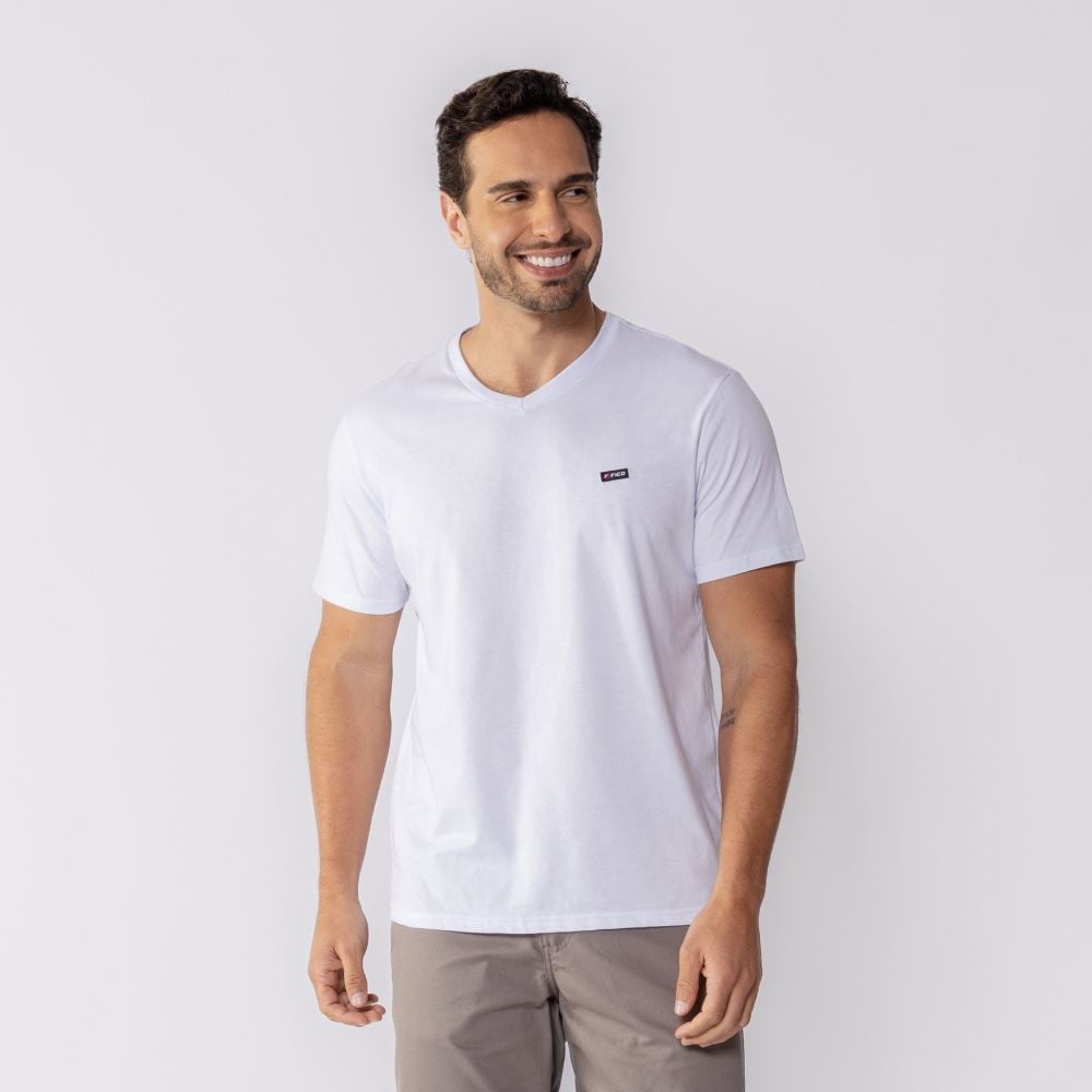 Camiseta Masculina Básica Gola V Fico Branco