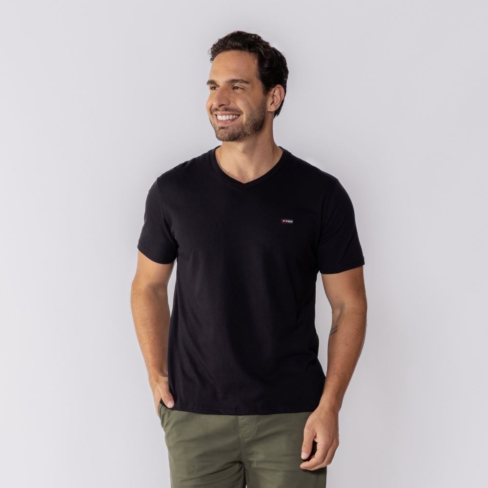 Camiseta Masculina Básica Gola V Fico Preto