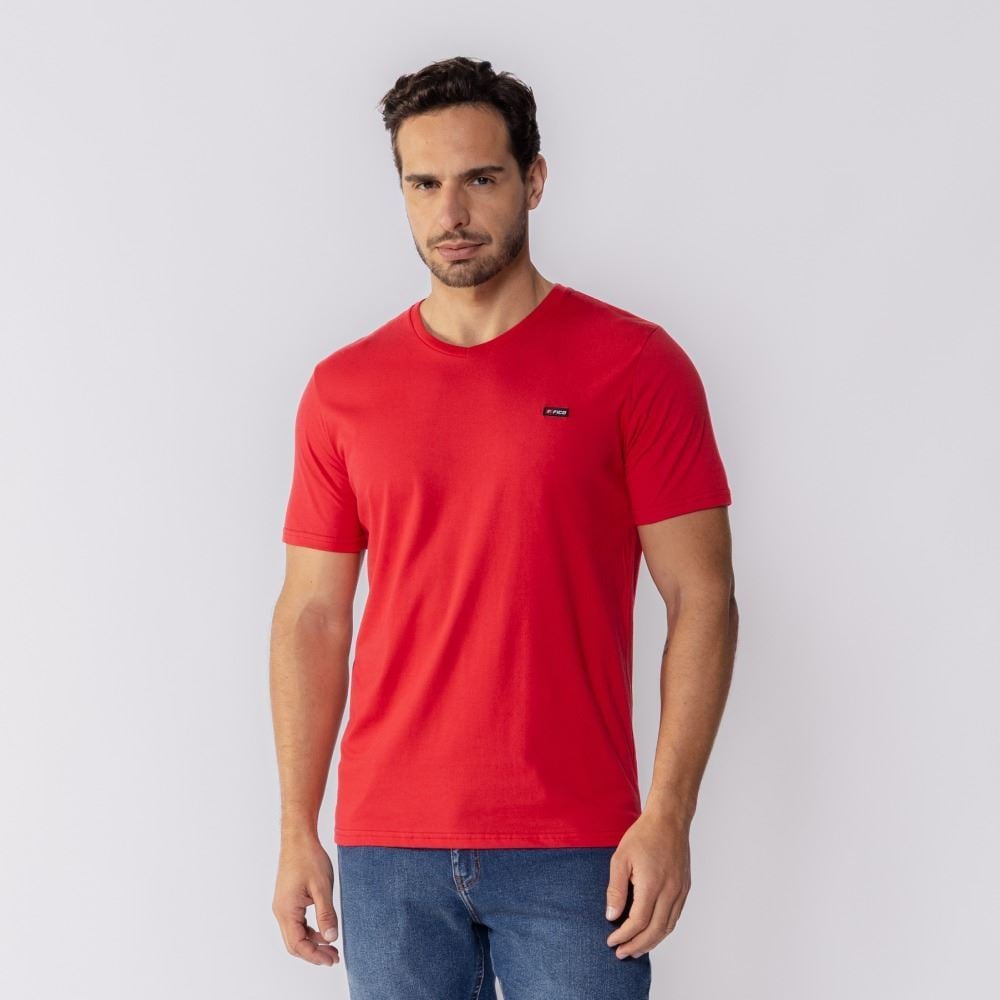 Camiseta Masculina Básica Gola V Fico Vermelho Natty