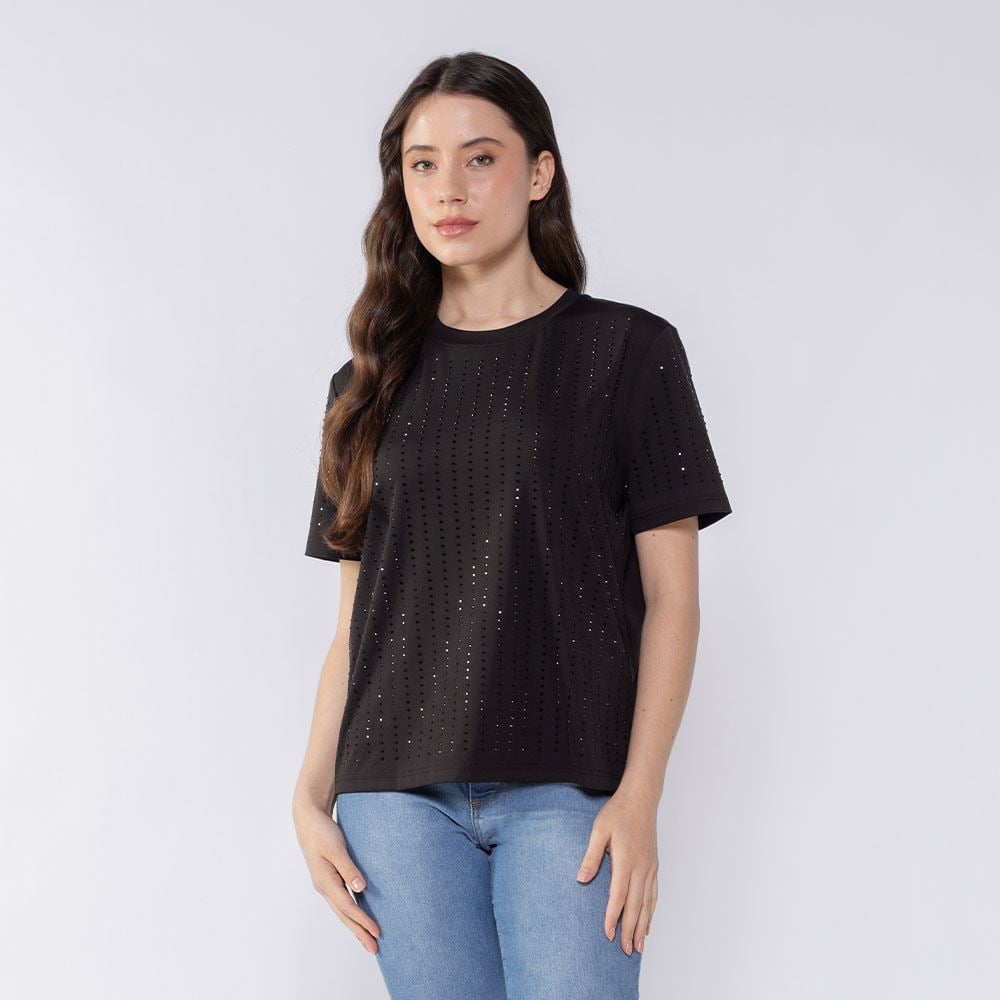Camiseta T-Shirt Feminina Com Brilho Patricia Foster Preto