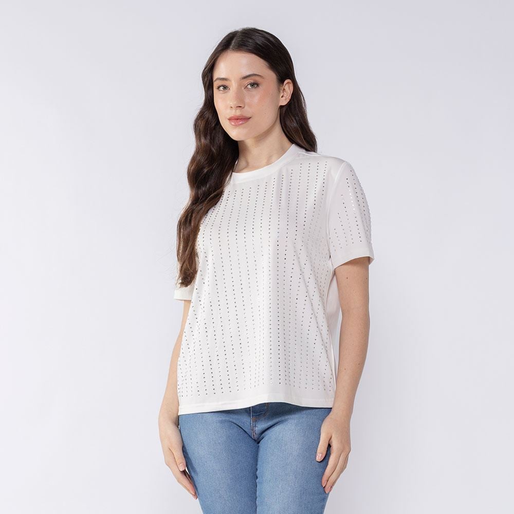 Camiseta T-Shirt Feminina Com Brilho Patricia Foster Off White