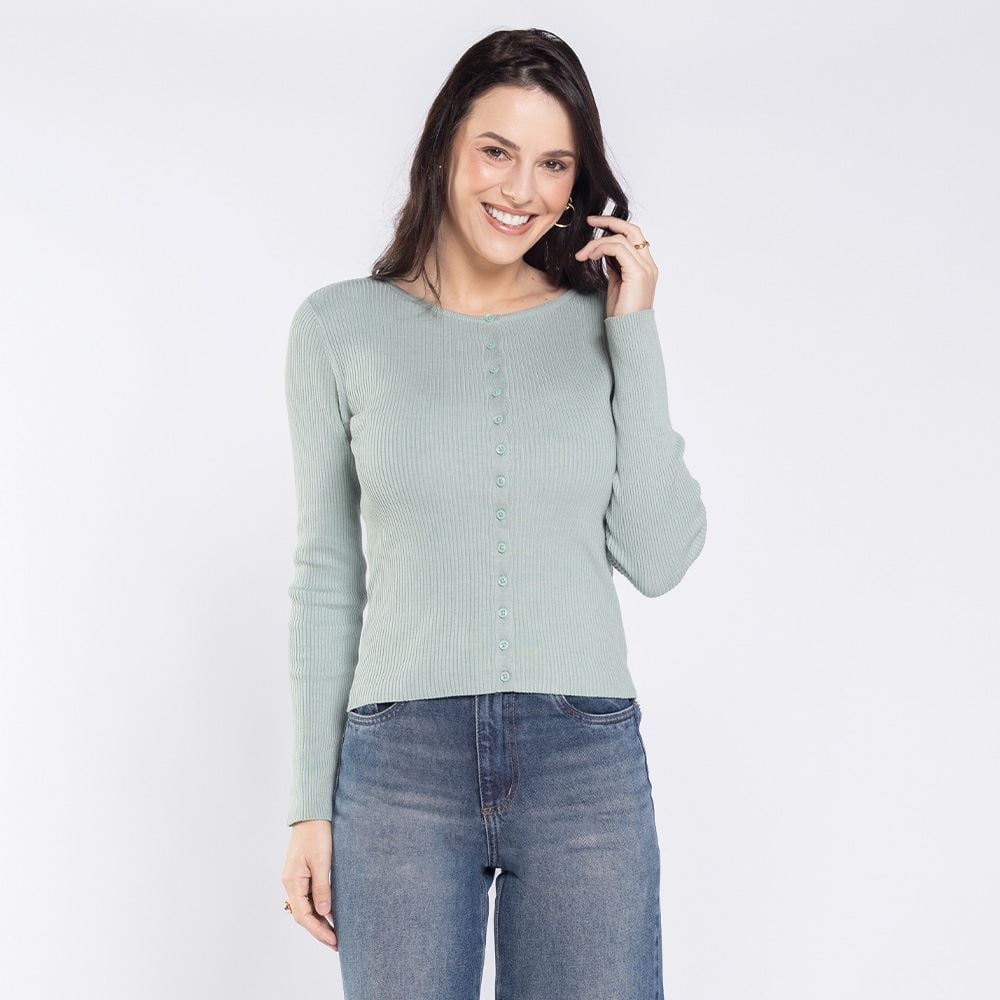 Cardigan Feminino De Tricot Canelado Boby Blues Menta