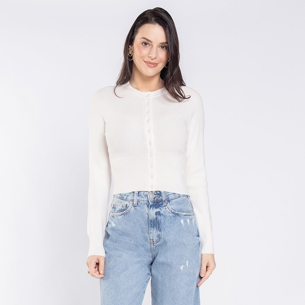 Cardigan Feminino De Tricot Com Botões Boby Blues Off White