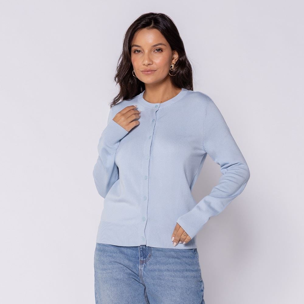Cardigan Feminino De Tricot Decote Redondo Patricia Foster Sky