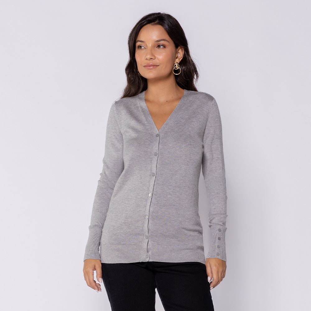 Cardigan Feminino De Tricot Decote V Patricia Foster Cinza Melange