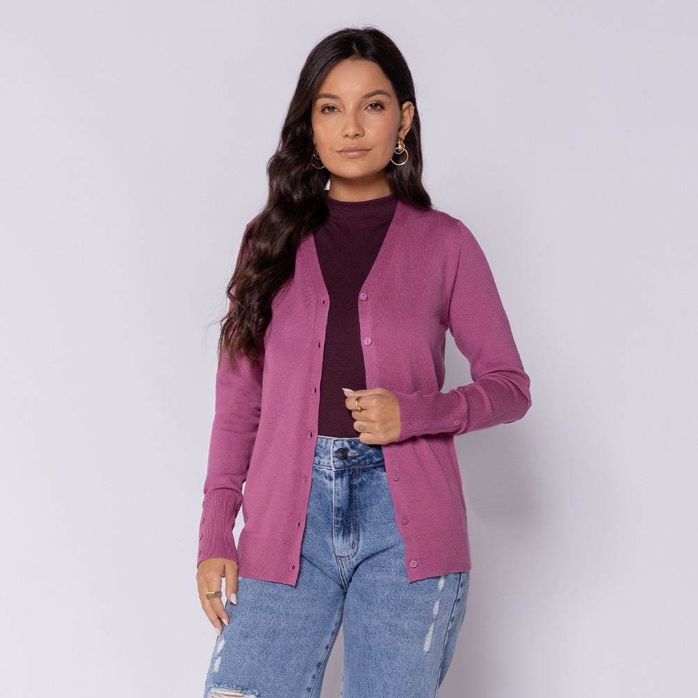 Cardigan Feminino De Tricot Decote V Patricia Foster Rosa Petala