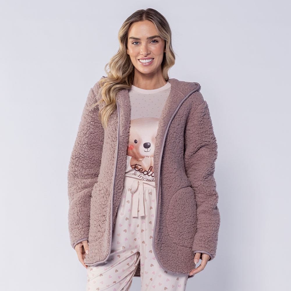 Casaco Feminino Peluciado Com Capuz Camila Moretti Rosa