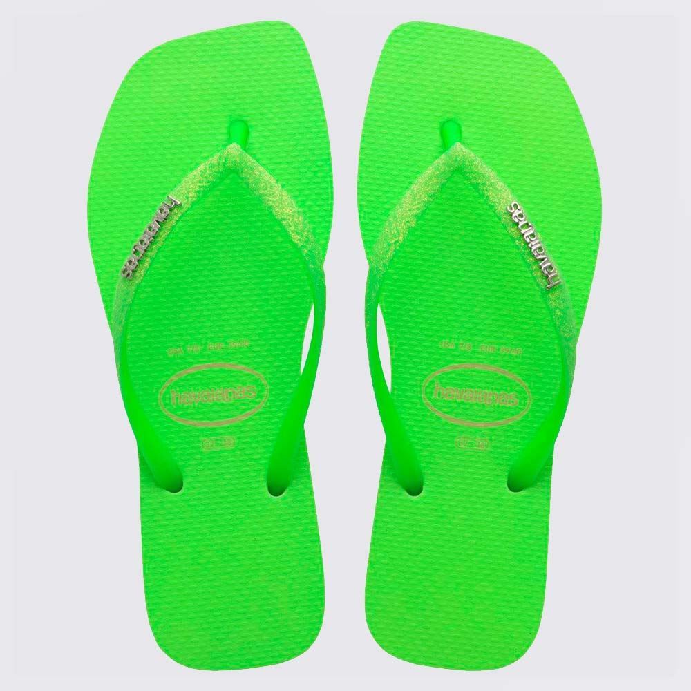 Chinelo Havaianas Feminino Slim Square Glitter Neon Bege Palha/Verde