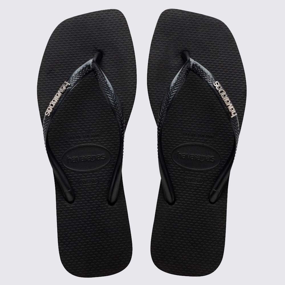 Chinelo Havaianas Feminino Slim Square Logo Metallic Preto/Prata