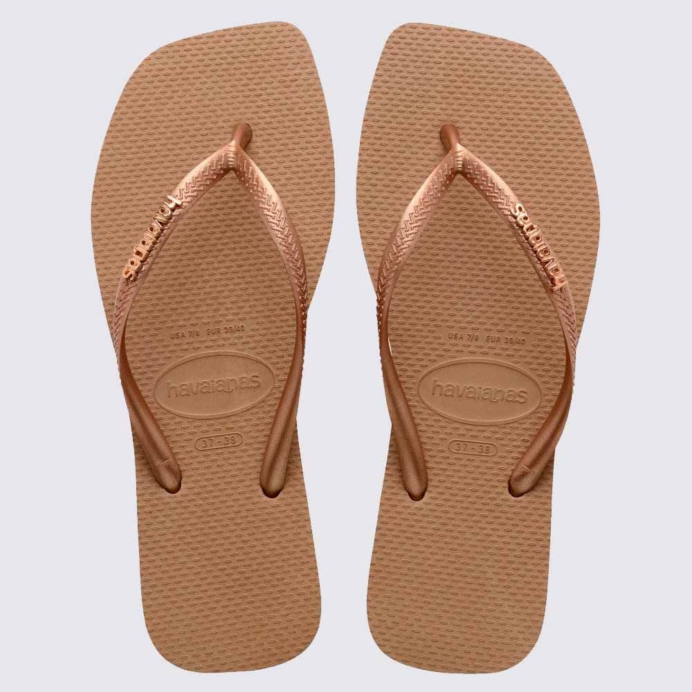 Chinelo Havaianas Feminino Slim Square Logo Metallic Rose Gold