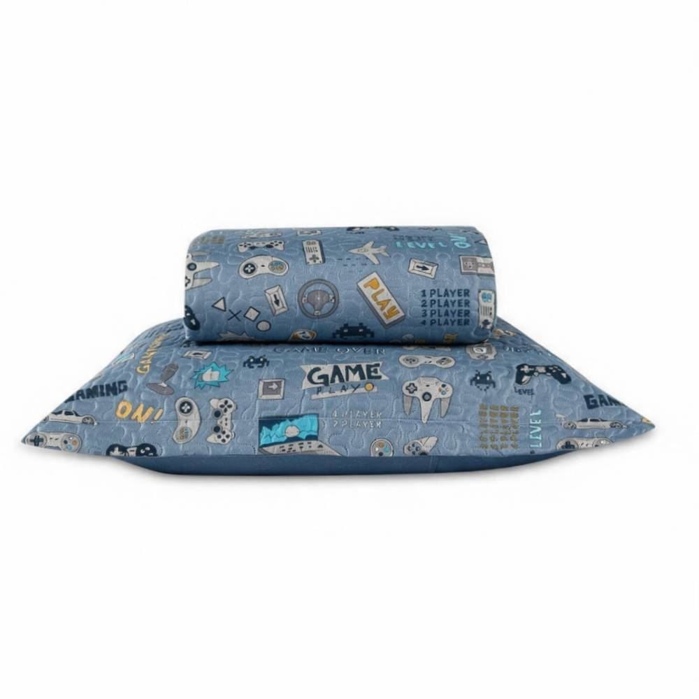 Kit Colcha Solteiro Dupla Face Matelado Havan Kids 2 pçs - Gaming Azul