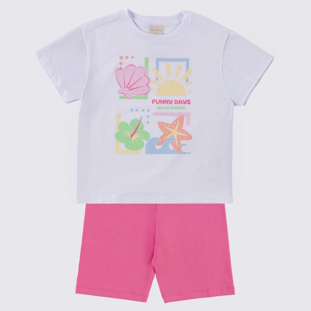 Conjunto Infantil Menina 4 a 10 Anos Marmelada Branco/Chiclete