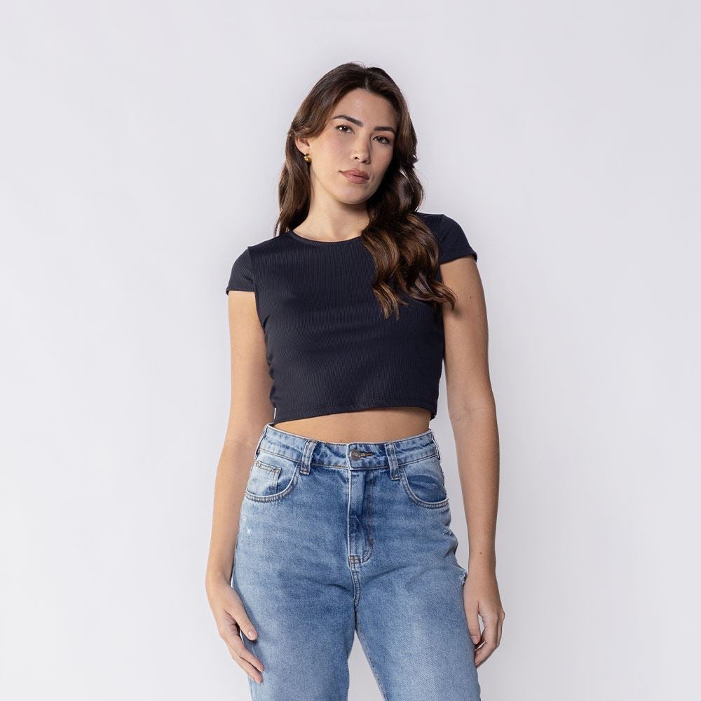 Cropped Feminino Canelado Em Poliamida Boby Blues Preto