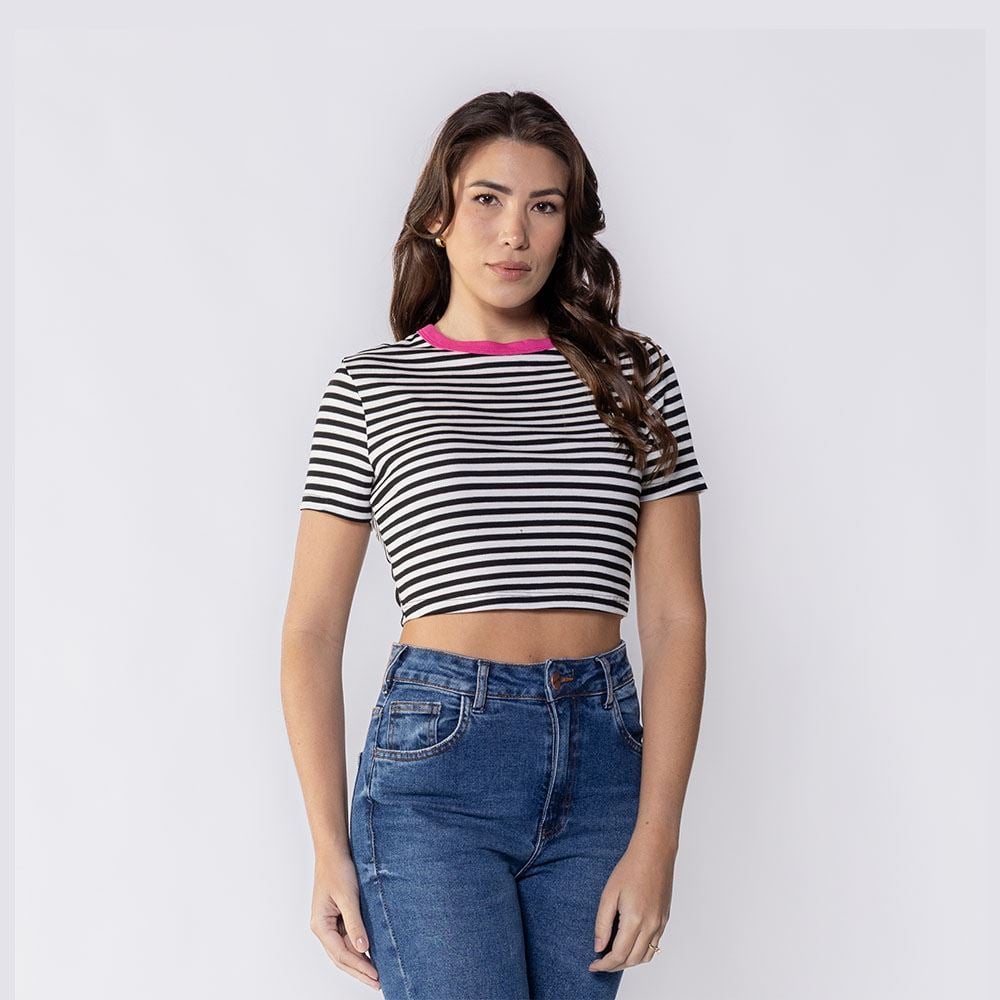 Cropped Feminino Listrado Em Ribana Boby Blues Preto/Branco/Pink