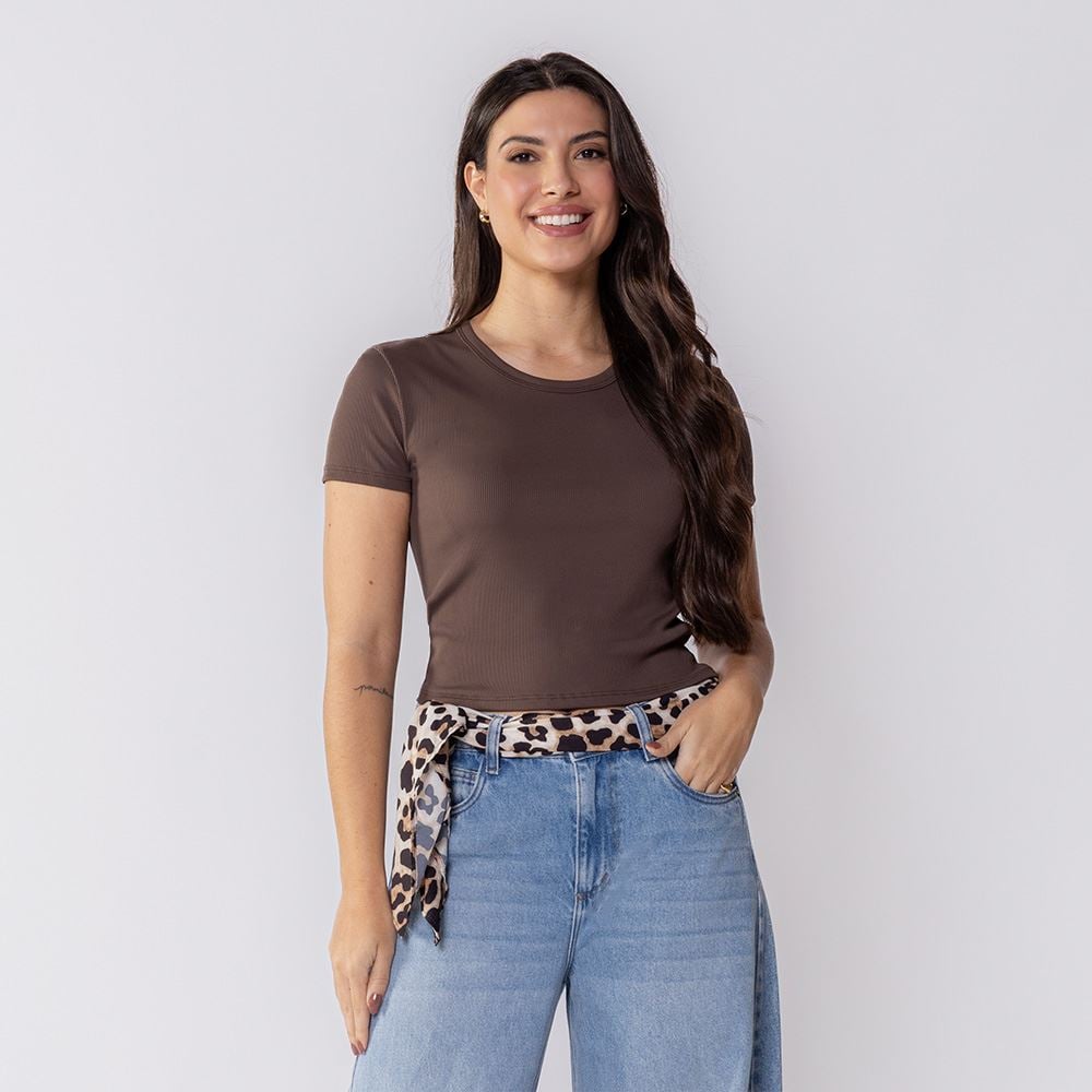 Cropped Feminino Manga Curta Boby Blues Marrom