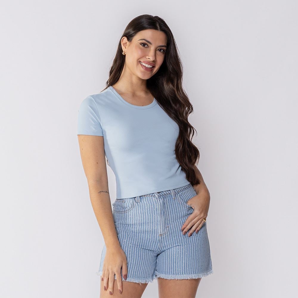 Cropped Feminino Manga Curta Boby Blues Azul Soft